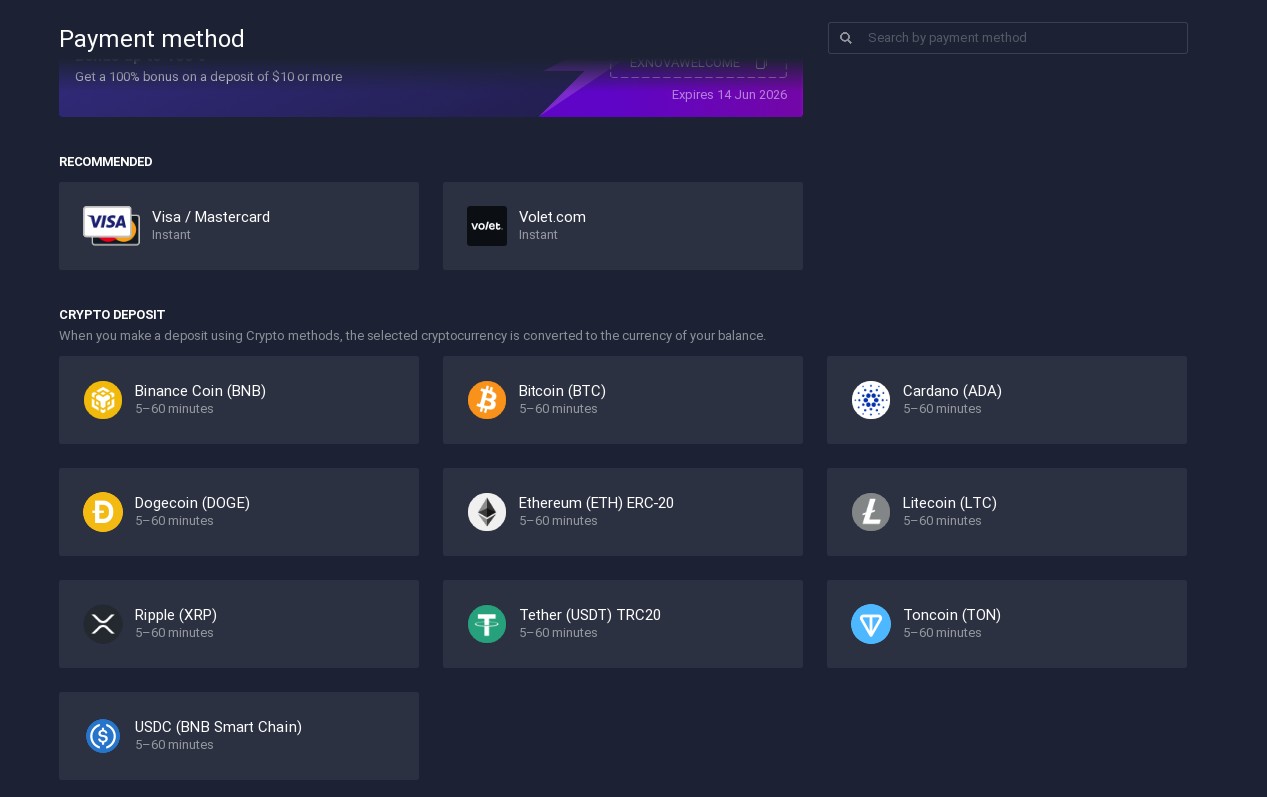 Exnova deposit methods screen showing local e-wallet options