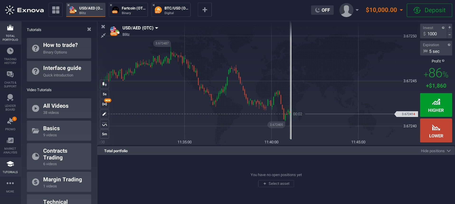 Exnova clean layout trading platform interface