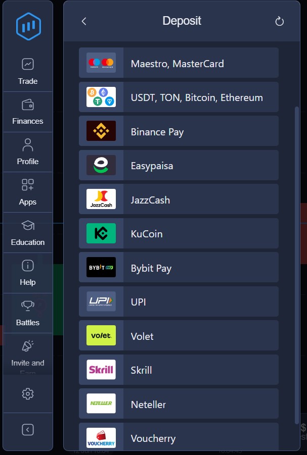 ExpertOption payment deposit screen showing GCash and local cards