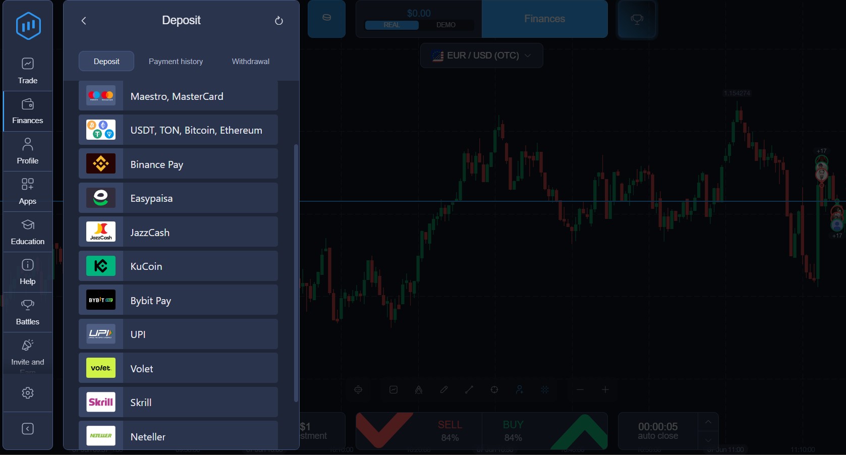ExpertOption deposit processing screen for Filipino traders