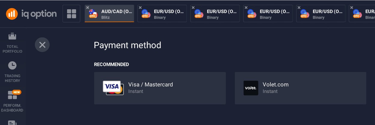 IQ Option deposit payment methods selection screen in the Philippines